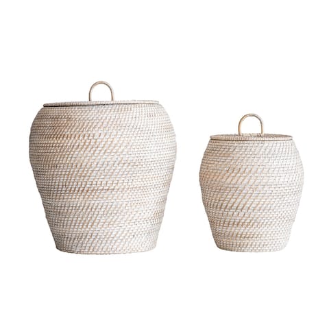 Whitewashed Rattan Baskets with Lids (Set of 2 Sizes)