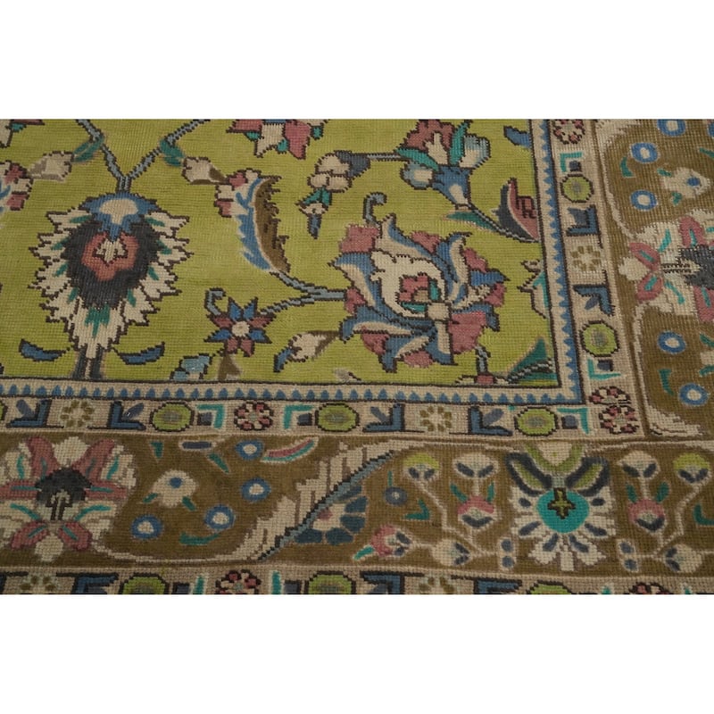 Hand Knotted Oriental 100% Wool Carpet Traditional Floral Green Tabriz Area Rug - 9' 1'' X 6' 3''