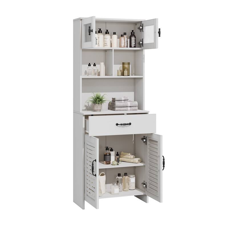 Water-Resistant MDF Bathroom Vanity with Louvered Doors, Tempered Glass Top Cabinet, and Decorative Hardware