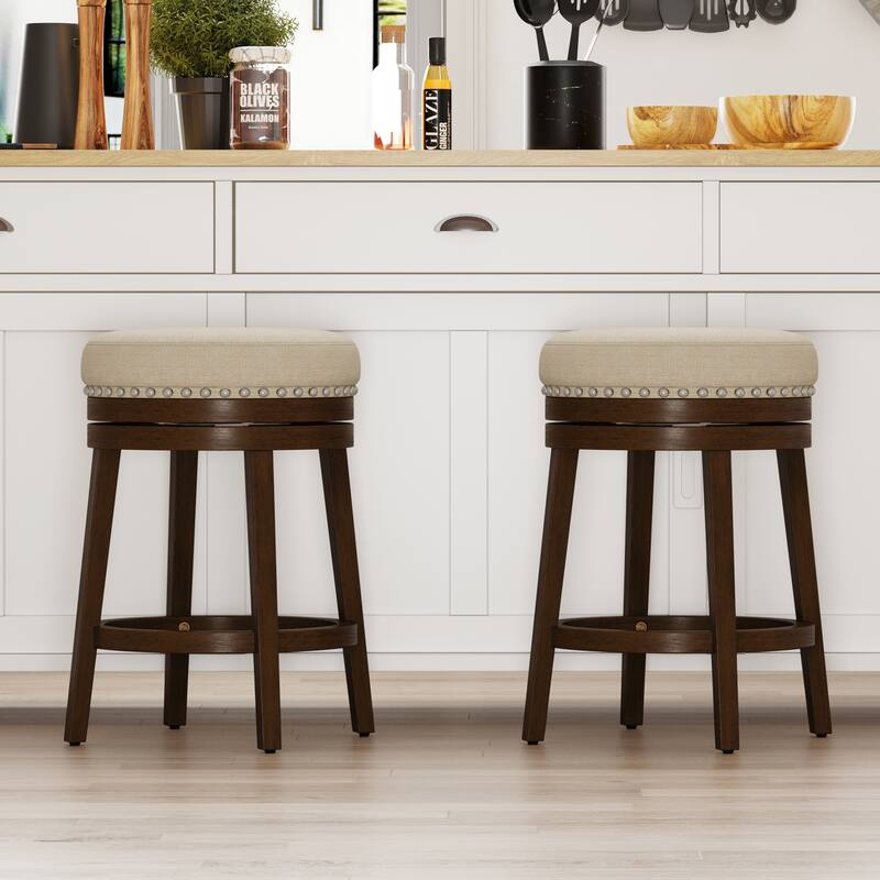 Swivel Counter Height Bar Stool with Upholstered Seat Solid Wood Frame - Beige