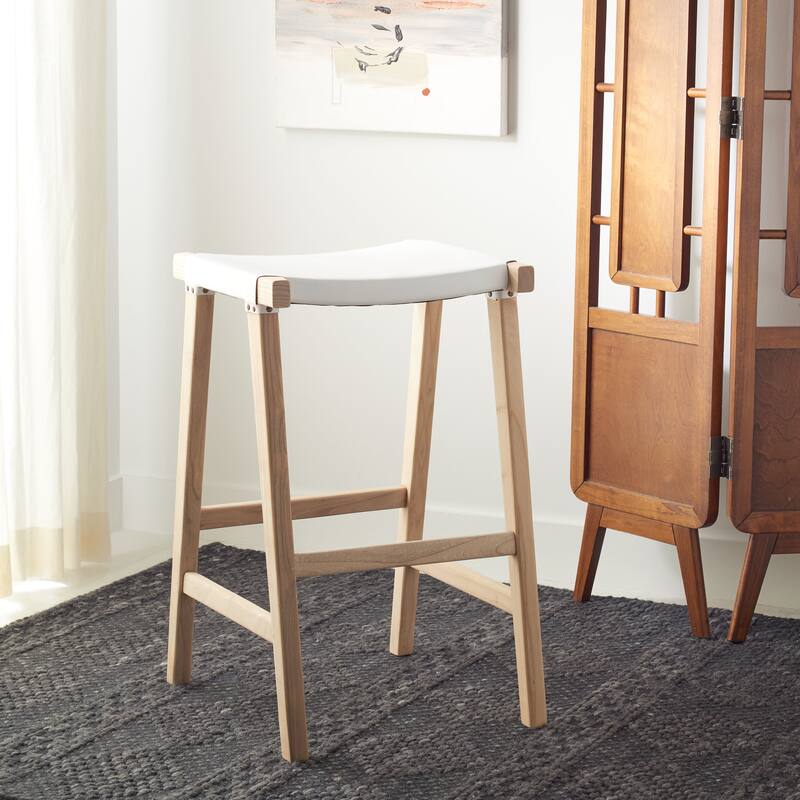 SAFAVIEH Luxita 30-inch Leather Rectangle Bar Stool - 18.5" x 20" x 30" - 19Wx20Dx30H - White/Natural