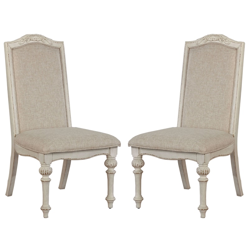 Rustic Wooden Arm Chair with Intricate Carvings, Set of 2, Antique White