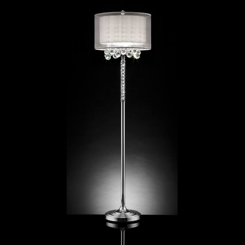 Silver Metal Candelabra Floor Lamp with White Fabric Drum Shades and Inline Switch - 17” x 17” x 62.5” (D x W x H)
