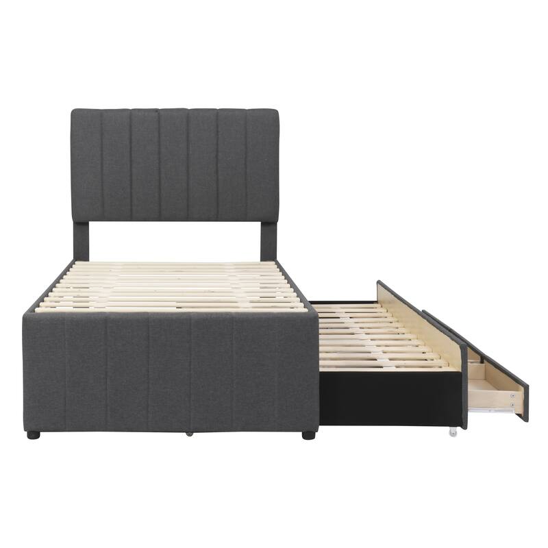 Upholstered Platform Bed Captain Bed with Trundle and 3 Drawers, Vertical Striped Linen Headboard and Footboard Slats Support