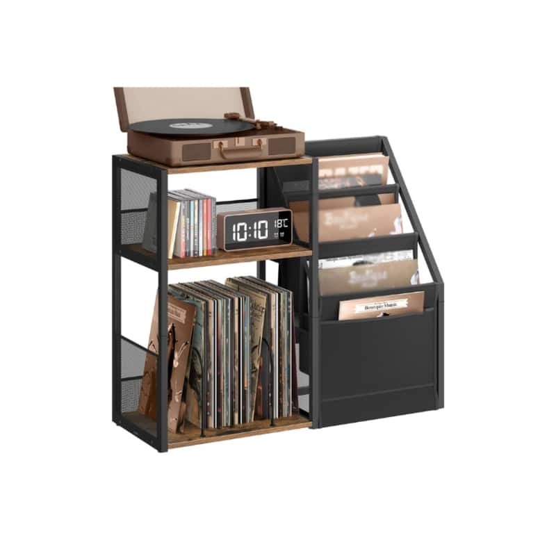 3-Tier Record Player Stand with 2 open Shelves and Display Rack for 140 Albums - 31.9”L x 11.8”W x 27.1”H - Rustic-Brown