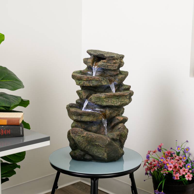 20" Rock Fountain w/ LED, Cascading Outdoor Feature, Brown