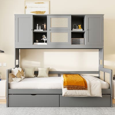 Roomfitters Wooden Daybed with Open Shelf, Side Cabinet and Hidden Storage Compartments
