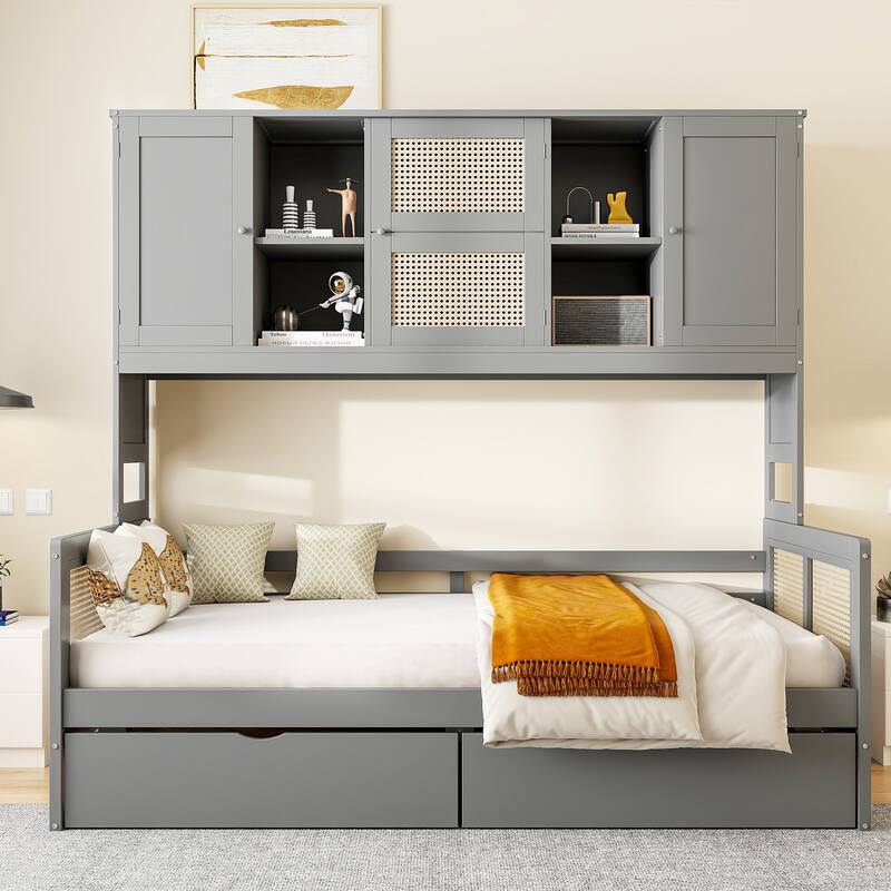 Twin Size Wooden Daybed with 2 Drawers and Built-in Cabinet, Modern Design and Flexible Storage, Sofa Bed Frame for Bedroom - Grey - Twin