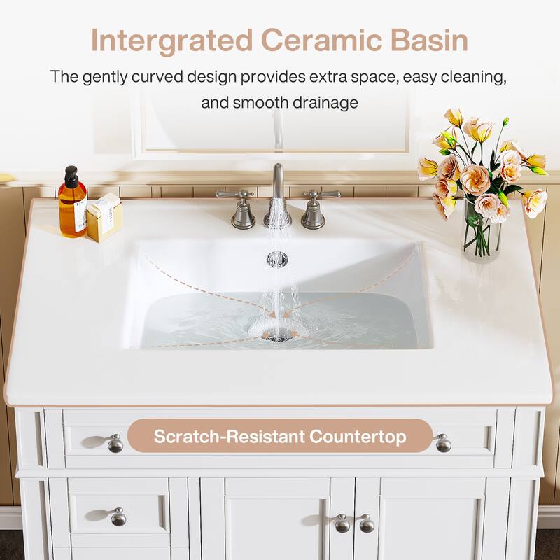 White Modern Wooden Bathroom Vanity with Basin, Floor Storage Cupboard