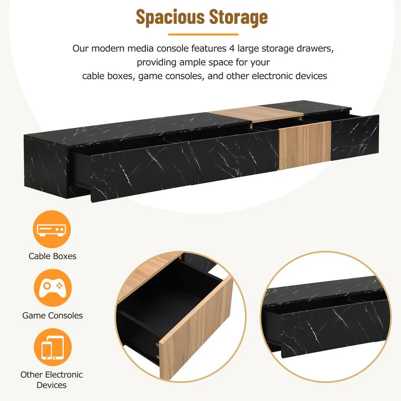Modern TV Stand, for TVs Up to 88'' with Faux Marble and Walnut Wood Grain, 4 Storage Drawers, for Living Rooms, Black