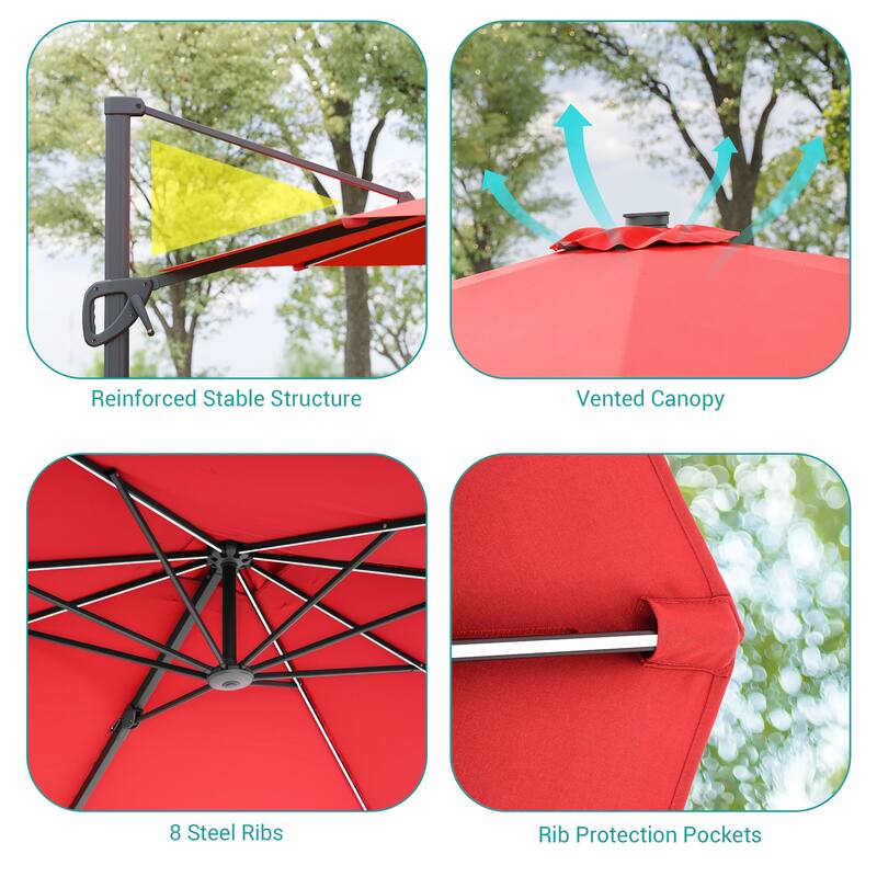 BONOSUKI Solar-powered 10x8ft Cantilever Patio Umbrella, Ultimate Outdoor Comfort with 360° Rotation and Canopy Angle Adjustment
