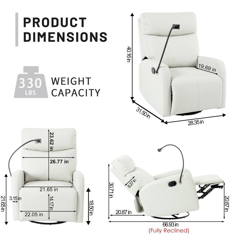 Grey 360° Swivel Rocking Recliner Chair with Adjustable Footrest, Padded Comfort, and Phone Holder