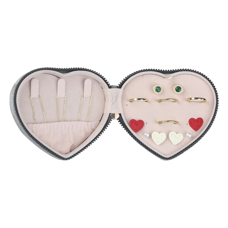Travel Jewelry Box for Women, Small Portable Heart-Shaped Plush Velvet Jewelry Organizer Case Storage Display Holder - 10x10x5cm