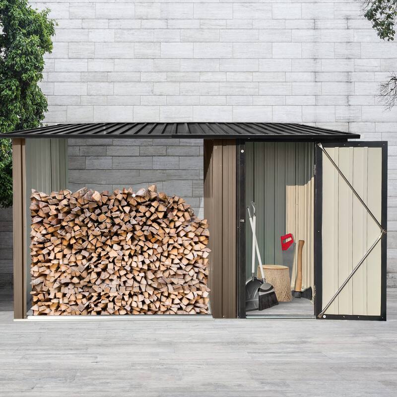 Outdoor Metal Firewood Rack And Storage Shed, Brown And Black, Two-In-One Function