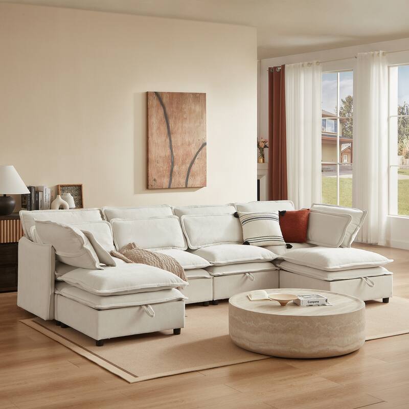 U-Shaped Modular Sectional Sofa with 2 Storage Ottomans, Convertible Sectional Sofa Bed, 6 Seater Sofa with Throw Pillows