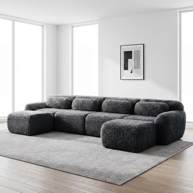 Homy Casa Modular Sectional Sofa, Dark Grey Plush Fabric with Non-Slip Base, No Assembly Living Room Couch with Pillows