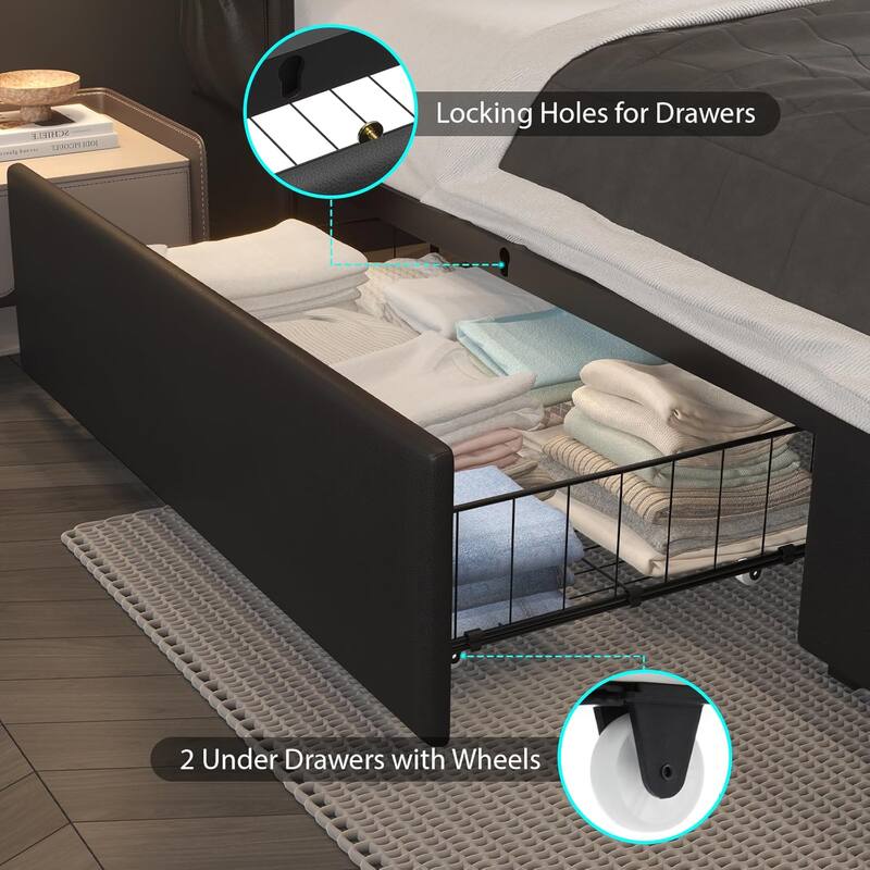 Queen Bed Frame with LED Lights, Upholstered Bed Frame with Charging Station, Platform Bed with Diamond Headboard, Wooden Slats