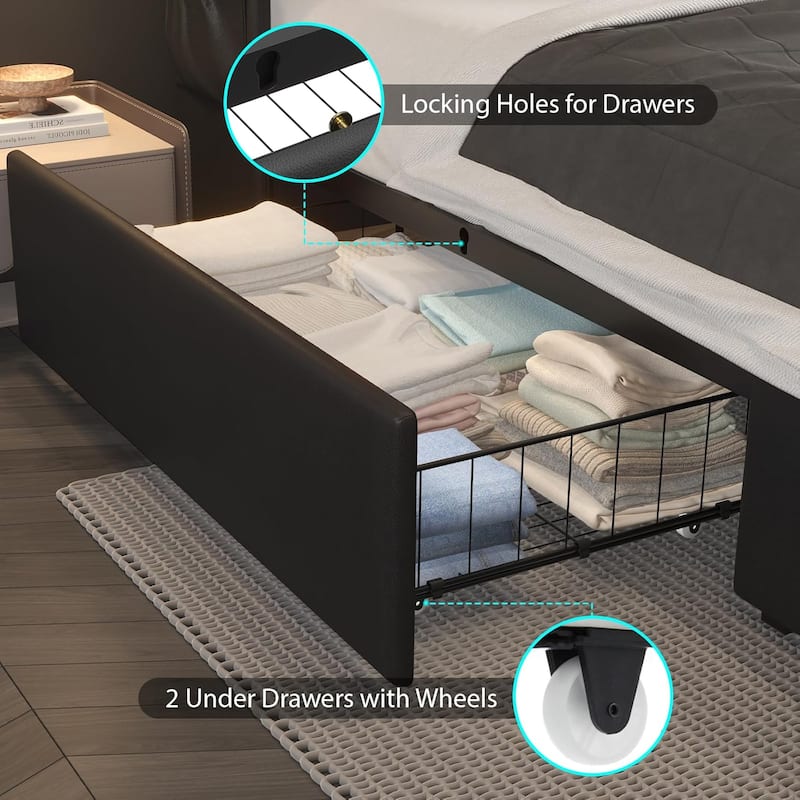 Upholstered Platform Bed Frame with Diamond Tufted Headboard, LED Lights & Charging Station