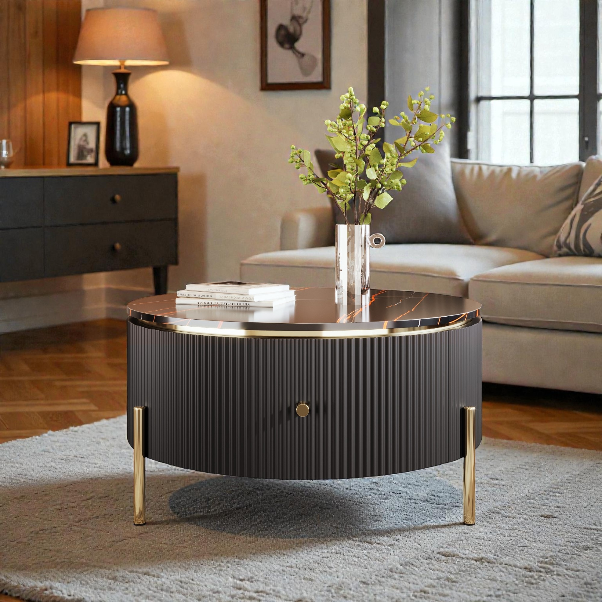 Modern Round Coffee Table with 2 Large Drawers, Marble Pattern MDF Top and Gold Metal Legs