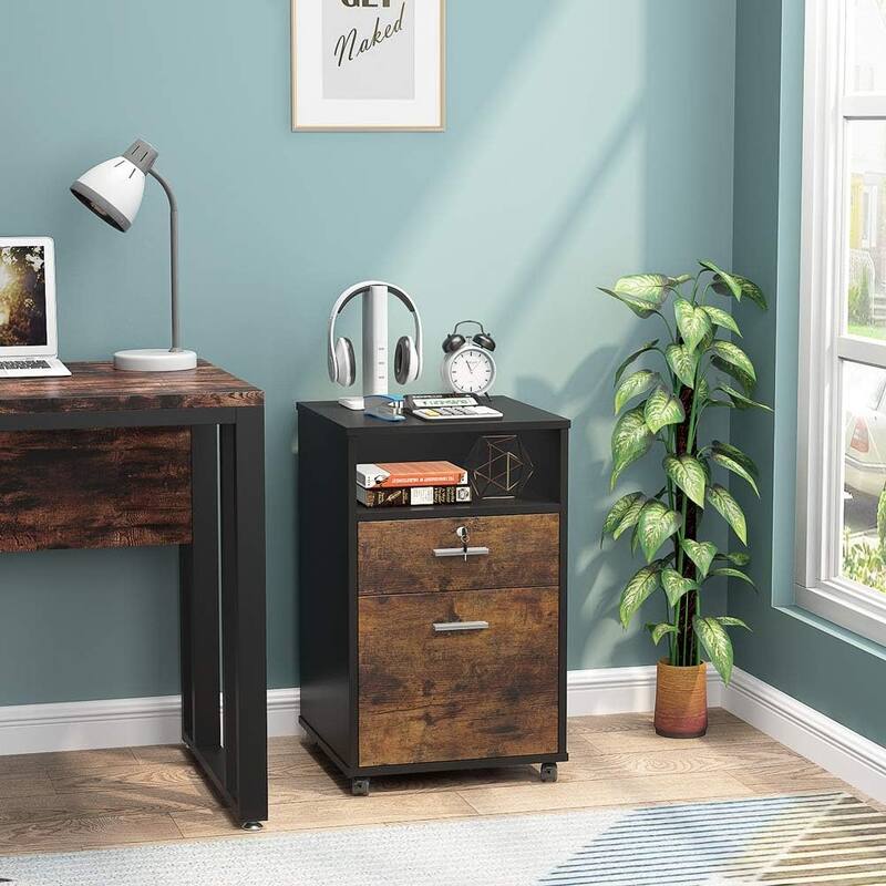 Mobile File Cabinet with Lock, 2 Drawer Rolling Printer Stand with Open Shelf, Rustic Brown