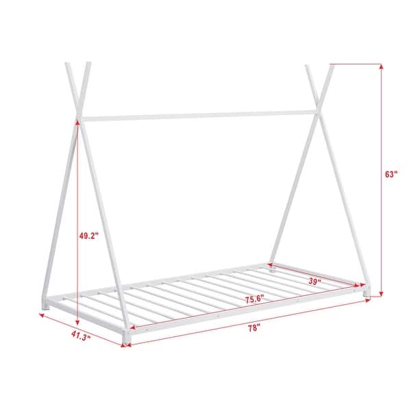 dimension image slide 0 of 3, Metal Twin Size House Platform Kids Bed Frame with Triangle Structure, Pink