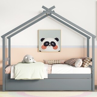Twin Size House Bed Frame for Kids with Trundle, No Box Spring Needed