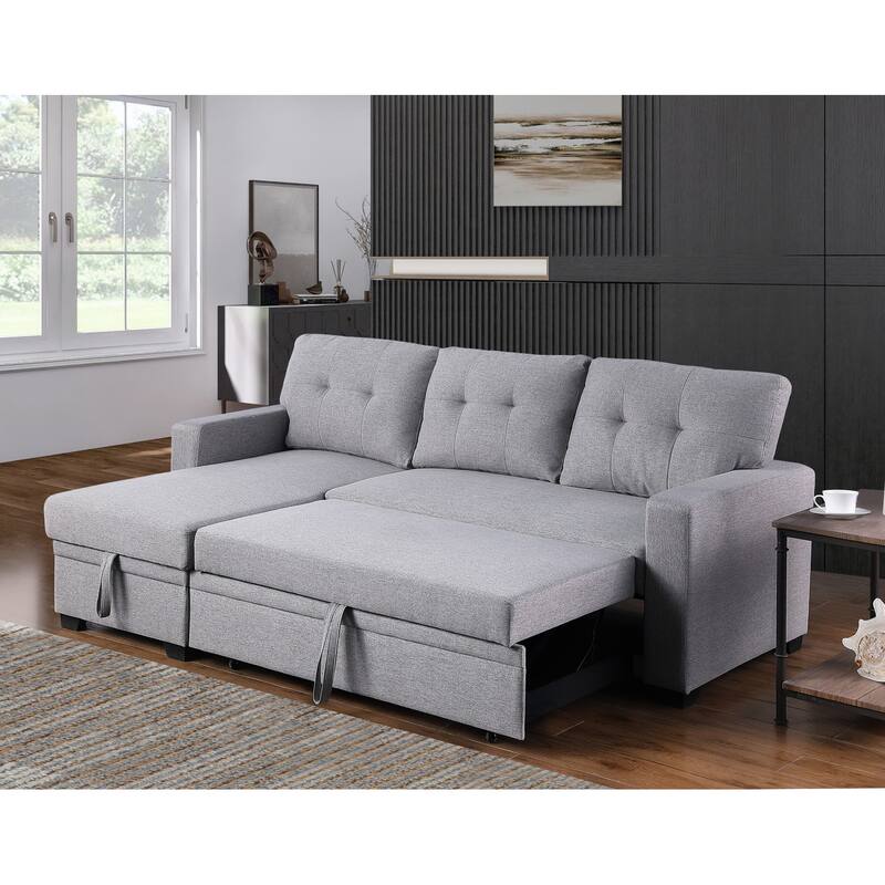 Pull-out Upholstered Sectional Sofa with Storage Chaise & Removable Cushions