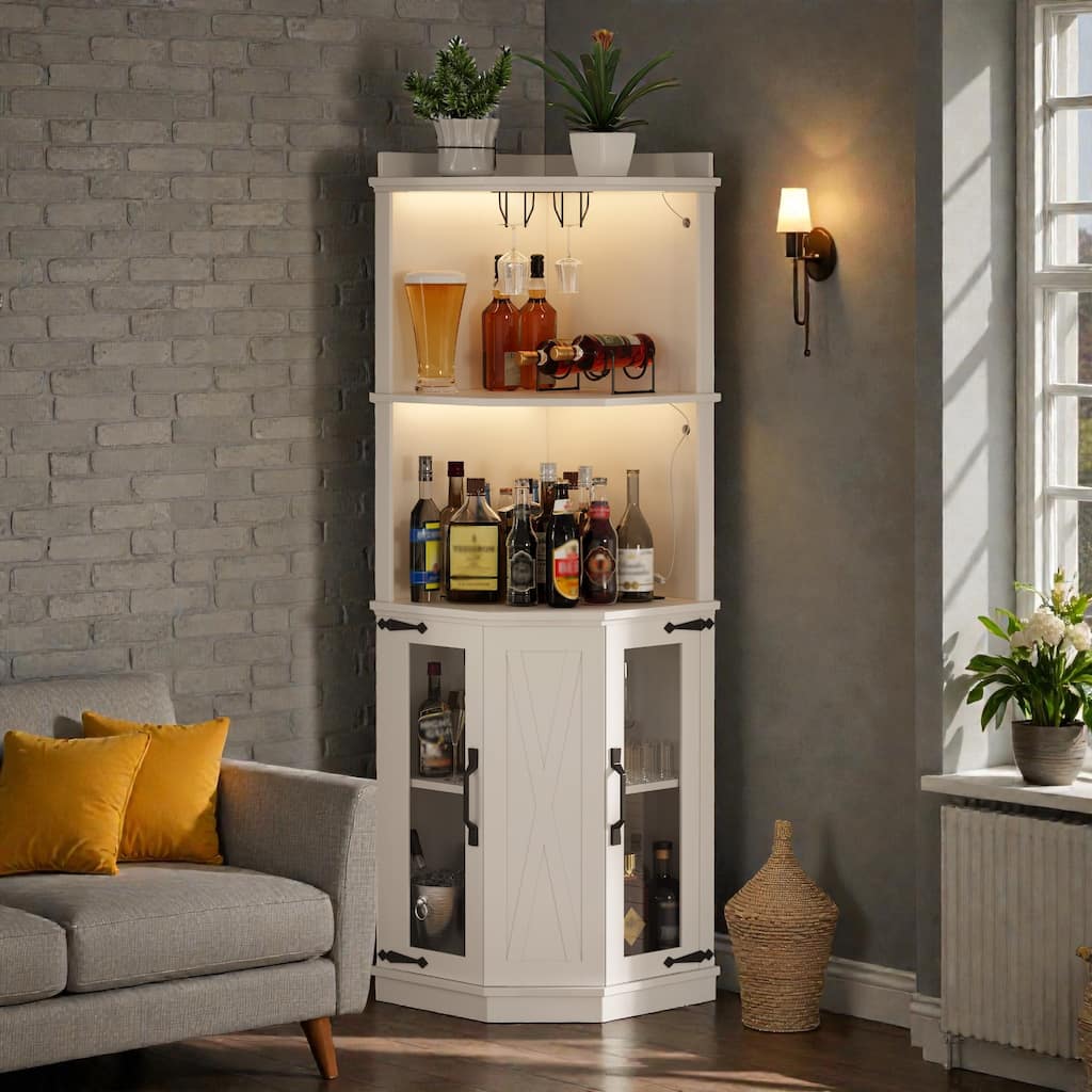 67.3" Corner Bar Cabinet with LED Lights and Power Outlets, Farmhouse Wine Bar with Glass Rack and Adjustable Shelves