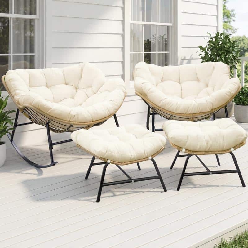 Oversized Indoor Outdoor Royal Papasan Rocking Chair, Patio Egg Rocker with Cushions, 450 lb Capacity - 4 PCS-Beige