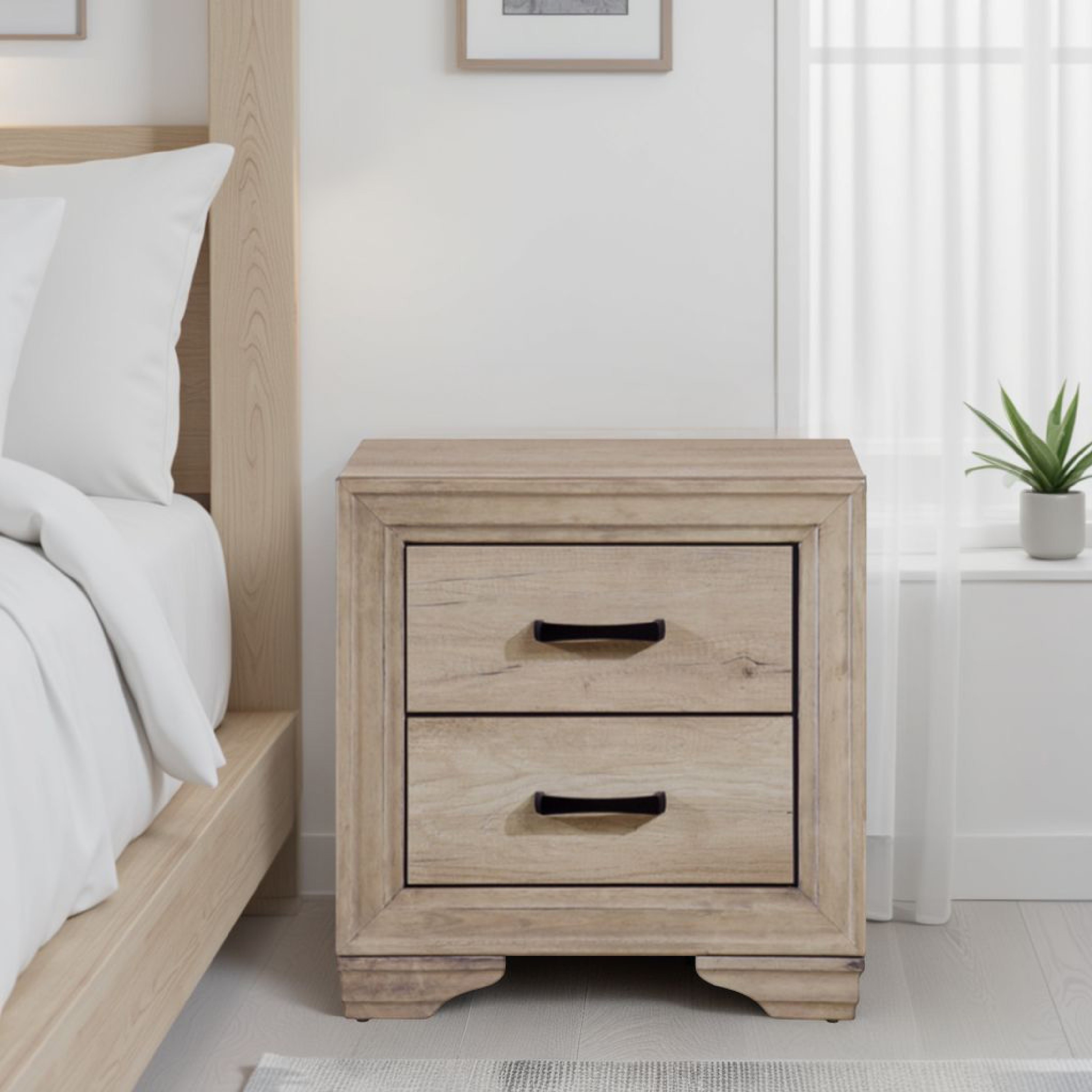 Wooden Night Stand With 2 Drawers In Brown