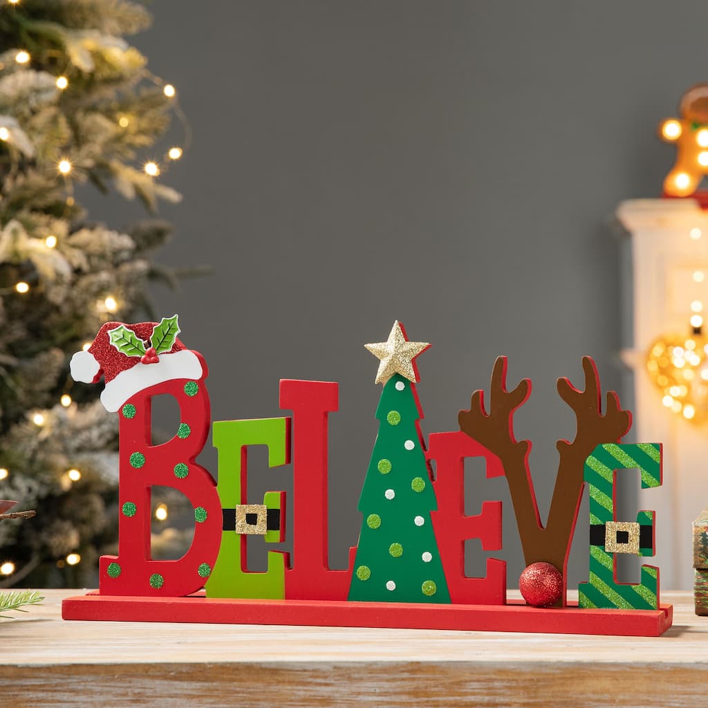 Glitzhome 14"L Wooden Christmas BELIEVE Word Sign Table Decor