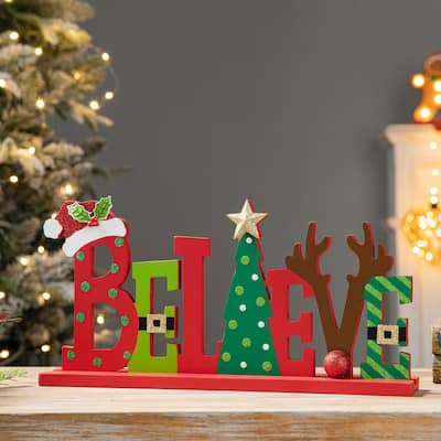 Glitzhome 14"L Wooden Christmas "BELIEVE" Table Decor