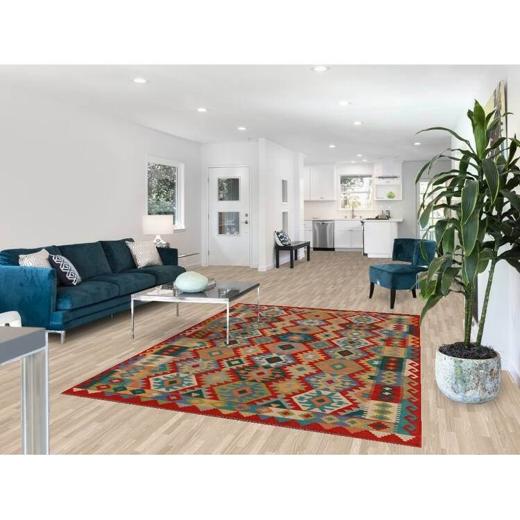 Hand Woven Oriental 100% Wool Carpet Southwestern Geometric Multi-Colored Kilim Area Rug - 8' 5'' X 5' 10''