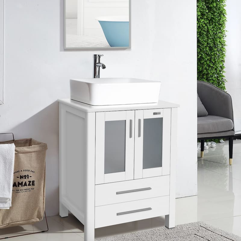 24" Bathroom Vanity White Set Glass/ Ceramic Vessel Sink Cabinet Faucet Drain Free Standing Combo