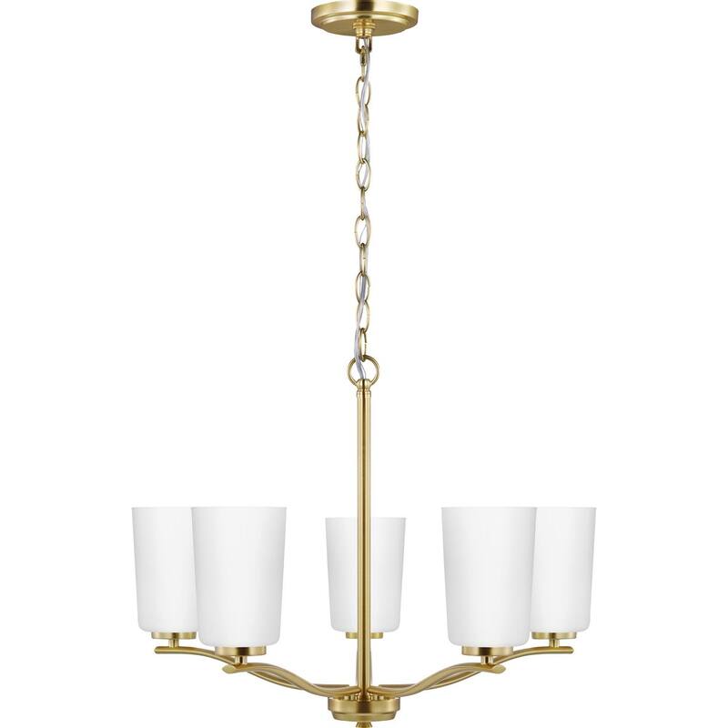 Adley Collection Five-Light Satin Brass Etched White Glass New Traditional Chandelier - 22.87 in x 22.87 in x 17.25 in