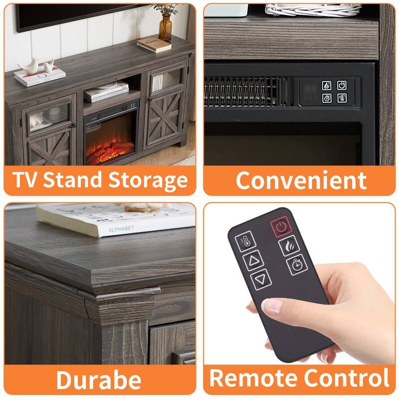 58-60" Fireplace TV Stand for 55-65" TVs w/ 18-23" Insert Farmhouse/Modern/Rustic Barn/Glass Doors Espresso/Grey/Brown/White Oak