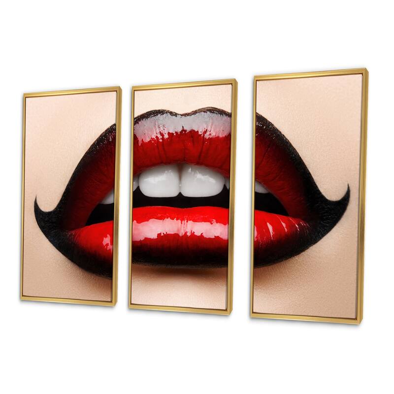 Designart "Female Lips With Red and Black Lipstick" Modern Framed
