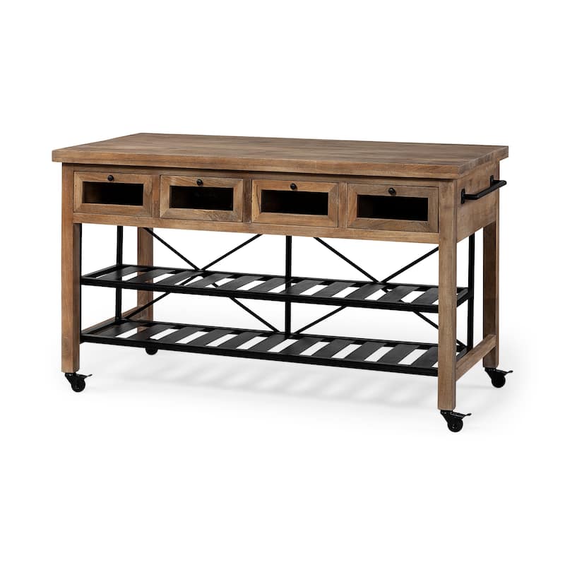 Stuart I Brown Solid Wood Top Two-Tier Black Metal Rolling Kitchen Island - 28.0L x 60.0W x 34.0H