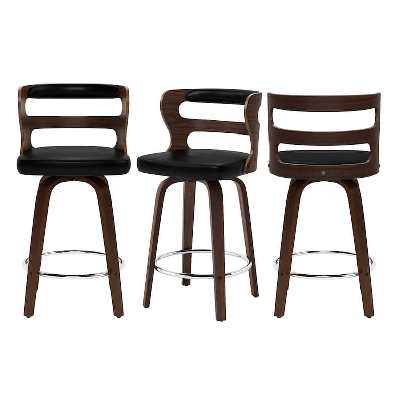 LUE BONA 26" Walnut and Faux Leather Swivel Counter Bar Stools With Backs - 26" H