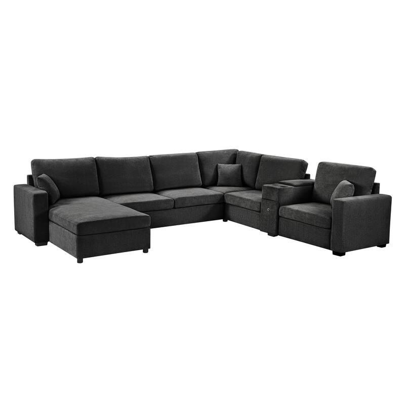 Modern 5-Seat Modular U-Shaped Sectional Sofa with Chaise, Storage Drawer, Built-In Cup Holders and Throw Pillows