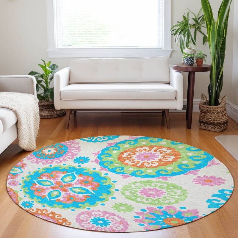 Premium Washable Super Soft Boho Suzani Mayfield Rug - White - 8' x 8' - Round