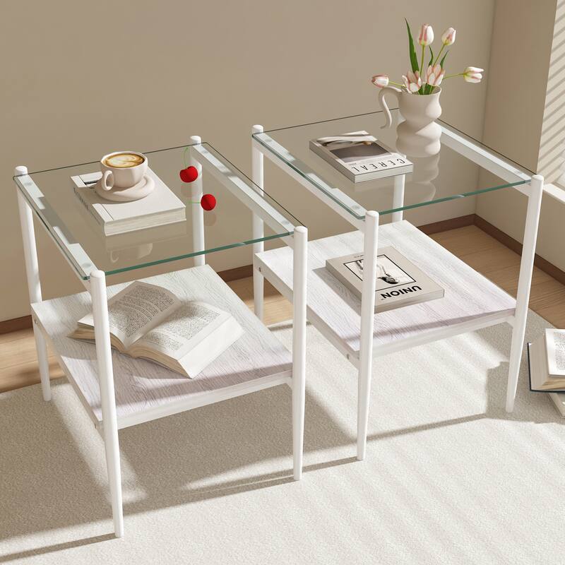 Set of 2 Rectangle End Table, Tempered Glass Tabletop with MDF layer, Modern Table for Living Room, Transparent Glass