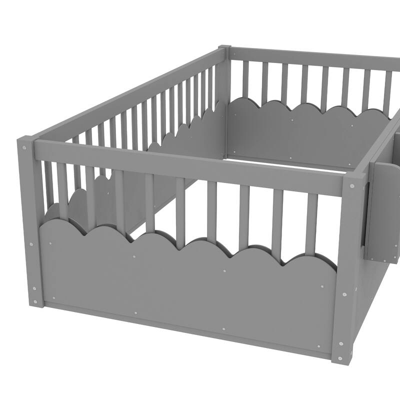 Montessori Floor Bed Kids Bed Frame with Heightened Fence and Bookshelf, Wavy Decoration Wood Platform Bed, No Slats Design