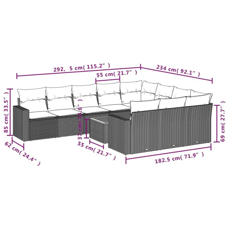 vidaXL 11 Piece Patio Sofa Set with Cushions Black Poly Rattan - 24.4 x 24.4 x 27.2 (W x D x H)