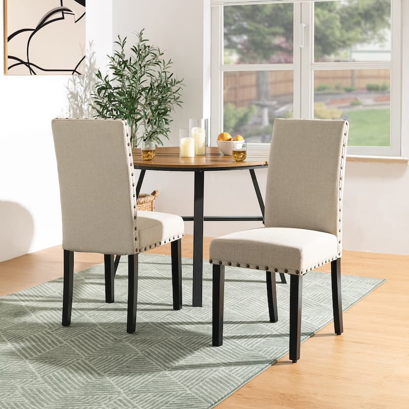Glitzhome 38''H Set of 2 High Back Linen Fabric Studded Dining Chairs with Footpads