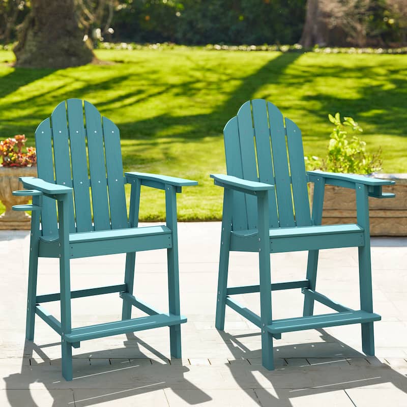 LUE BONA Outdoor Adirondack Chairs with Cup Holder Bar Height Adirondack Bar Stool with Arms for Patio, Garden, Deck (Set of 2)