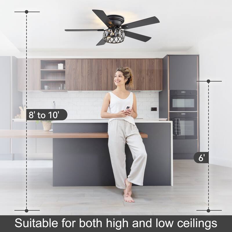 52" Flush Mount 5-Blade Modern Crystal Indoor Ceiling Fan with Light Kit and Remote