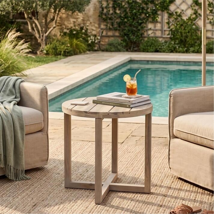 Christopher Knight Home - Ella Outdoor Side Table with Round Acacia Wood Frame, Slatted Top & Cross-Stretcher Base