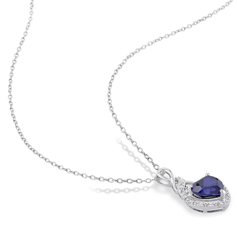 Miadora 3 3/8ct TGW Created Blue Sapphire 1/5ct TDW Diamond Heart Earrings Necklace Set Sterling Silver