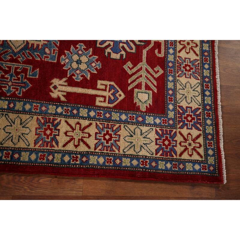Red Geometric Kazak Foyer Rug Handmade Traditional Wool Carpet - 3'5" x 4'11"